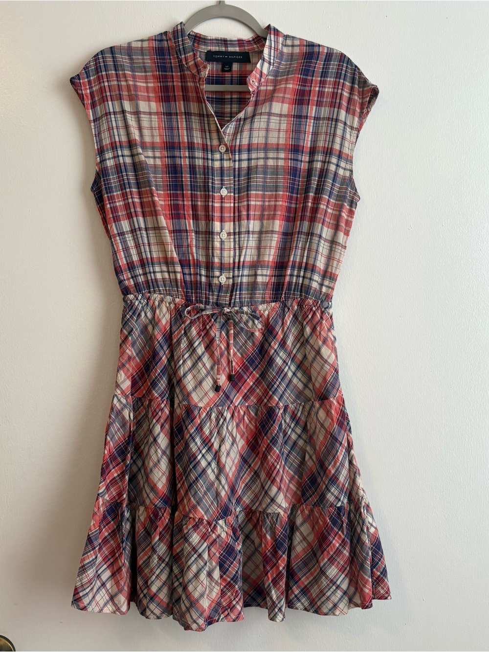 Tommy Hilfiger Plaid Button-Front Drawstring Dress Red White Blue Women’s Small